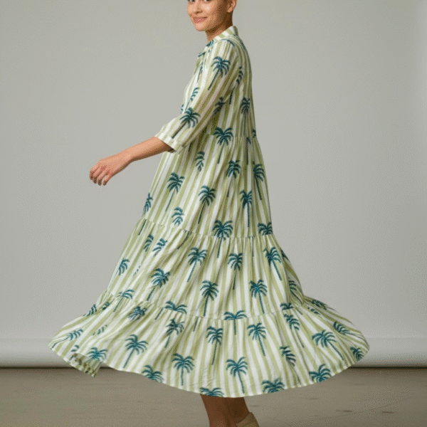 Ladies 3-Tier Dress - Green Stripe Teal Palms