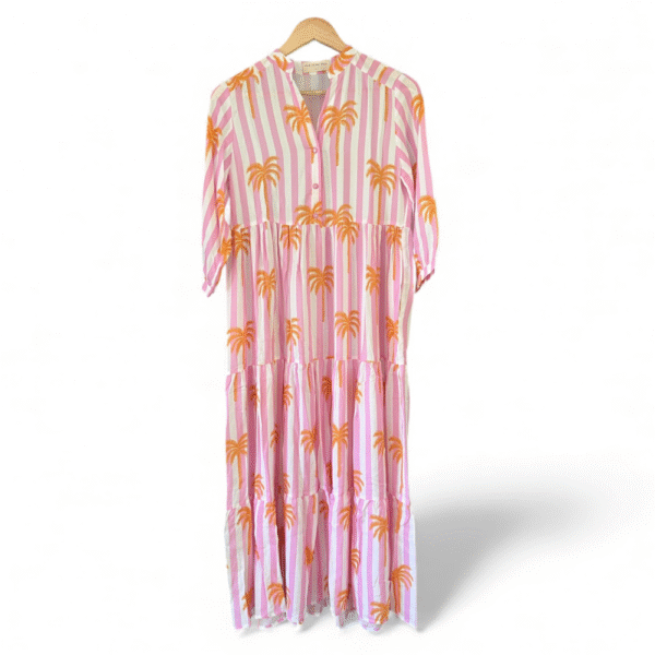 Ladies 3-Tier Dress - Pink Stripe Orange Palms