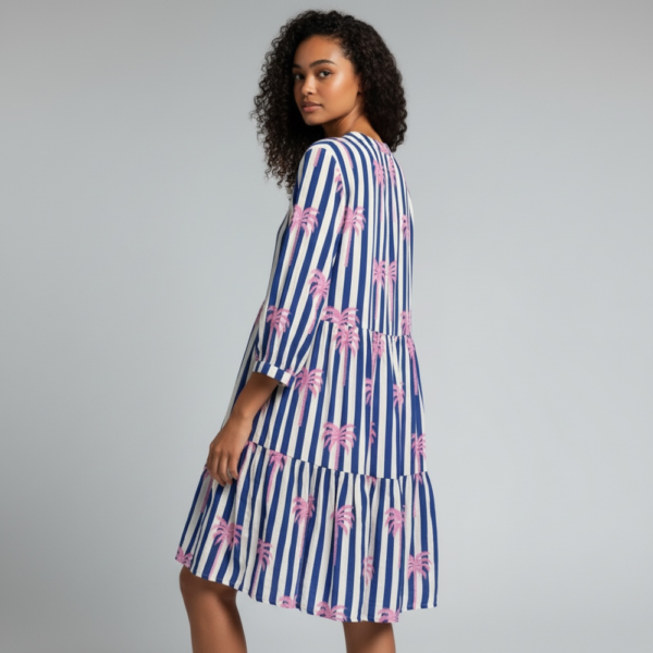 Ladies 2-Tier Knee-Length Dress - Blue Stripe Palm Print