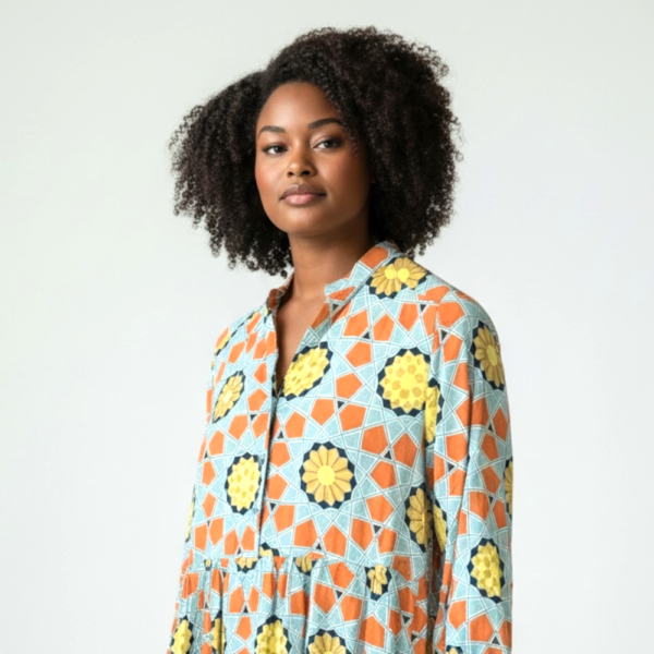 Ladies 2-Tier Knee-Length Dress - Kaleidescope Blue/Rust