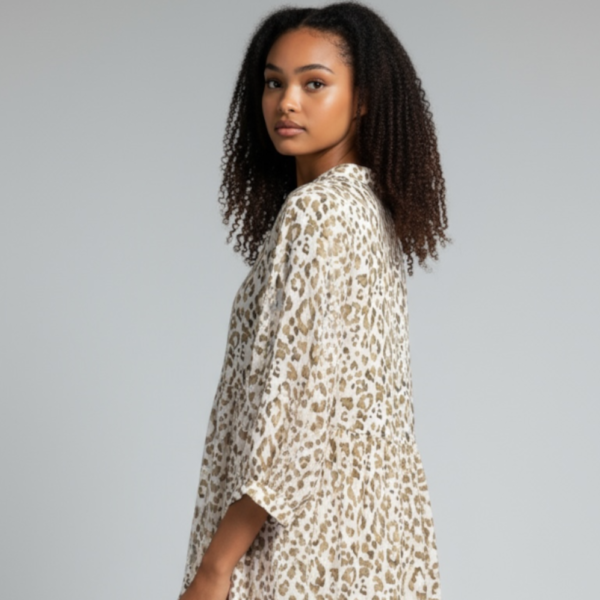 Ladies 2-Tier Knee-Length Dress - Leopard on Blush Pink