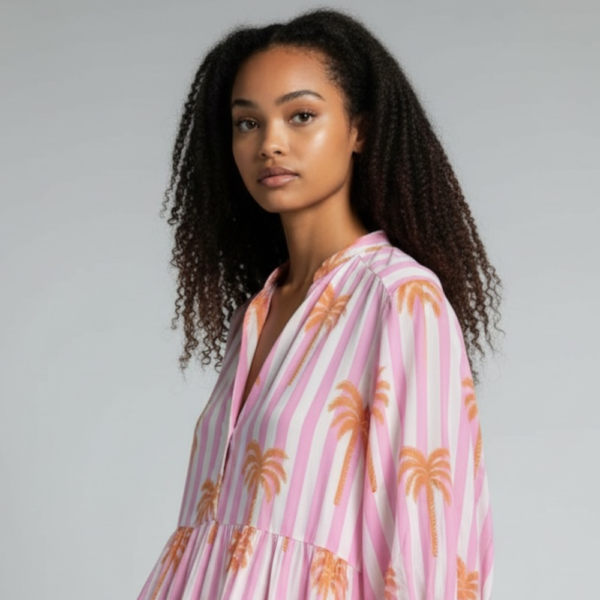 Ladies 2-Tier Knee-Length Dress - Pink Stripe Palm Print